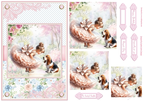 Summer day girl with Basset Hound puppy dog Topper