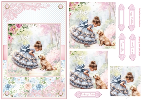 Summer day girl with Golden Retriever puppy Topper