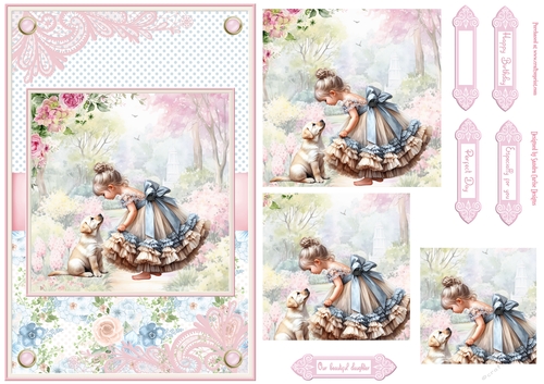 Summer day girl with Labrador Retriever puppy Topper