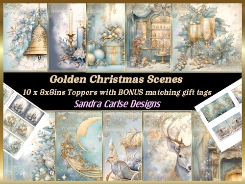 Golden Christmas Scenes 8x8ins Topper kit 1 with matching gift tags