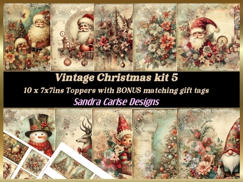 Vintage Christmas 10 sheets & matching gift tags kit 5