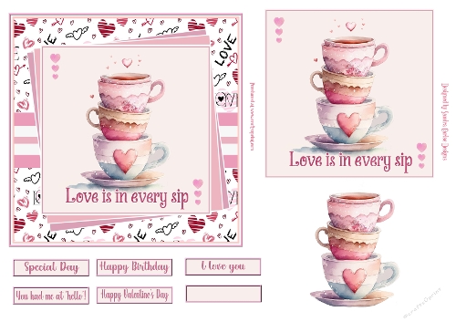 Love is in every sip 6x6ins decoupage Valentine/love topper 