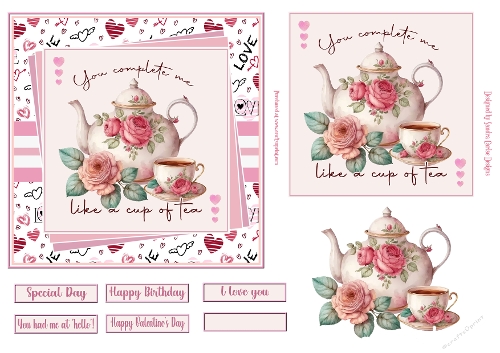 You complete me like a cup of tea 6x6ins decoupage Valentine/love topper 