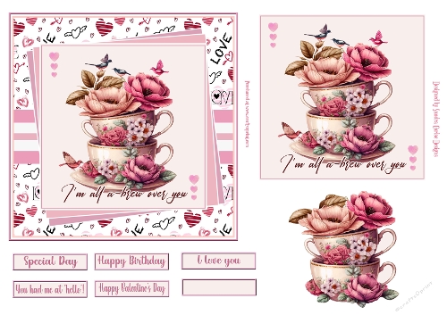 Im all a brew over you 6x6ins decoupage Valentine/love topper 
