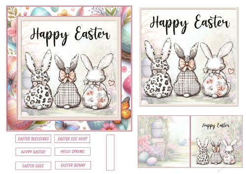 Cute Easter bunnies 6x6ins card front with matching gift tag 