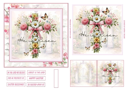 Floral cross Easter  6x6ins card front with matching gift tag 