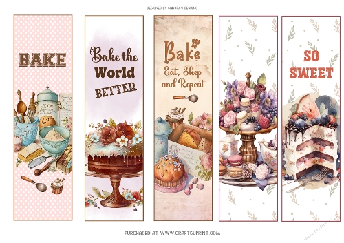 Yummy cakes 2x7ins printable bookmarks x 5