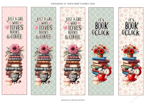 Coffee & books 2x7ins printable bookmarks x 5