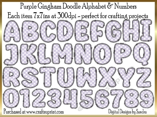 Purple Gingham Doodle Alphabet & Numbers - 26 letters & 10 numbers