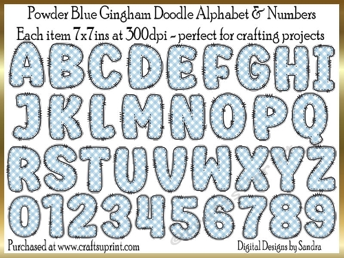 Powder Blue Gingham Doodle Alphabet & Numbers - 26 letters & 10 numbers