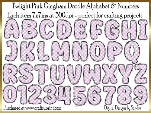 Twlight Pink Gingham Doodle Alphabet & Numbers - 26 letters & 10 numbers