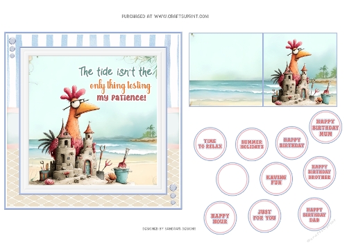 Humorous At the Beach 6x6ins card front with tags