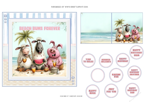 Humorous Beach Bums Forever 6x6ins card front with tags