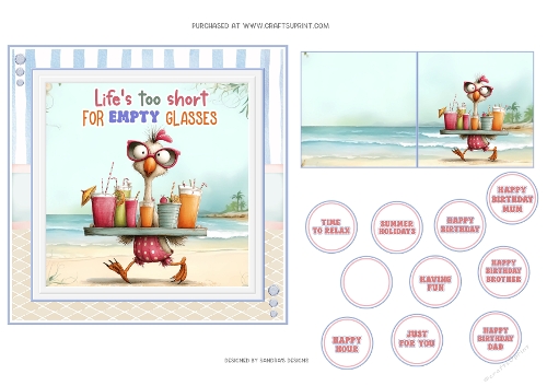 Humorous Beach Cocktails 6x6ins card front with tags