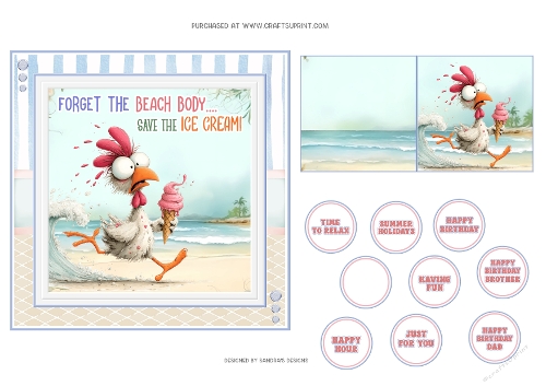 Humorous Beach Ice Cream 6x6ins card front with tags