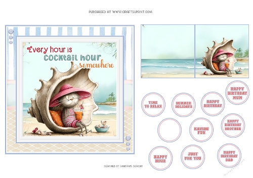 Humorous Cocktail Hour 6x6ins card front with tags
