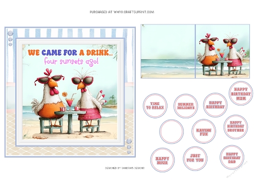 Humorous Four Sunsets 6x6ins card front with tags