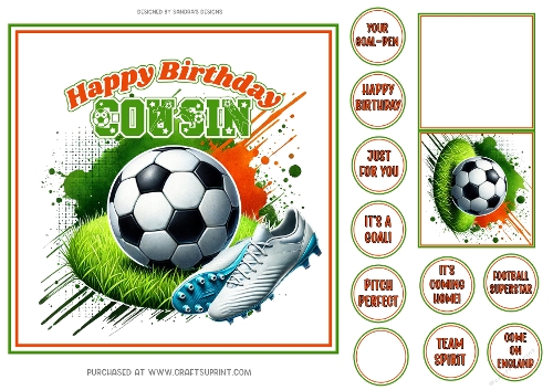 Football Fan 7x7ins card front birthday Cousin with tags & gift card