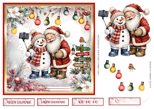 Christmas Taking a selfie 7x7ins Topper with decoupage & tags
