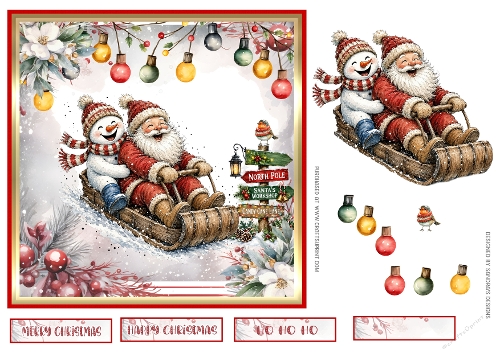 Sledging at Christmas 7x7ins Topper with decoupage & tags