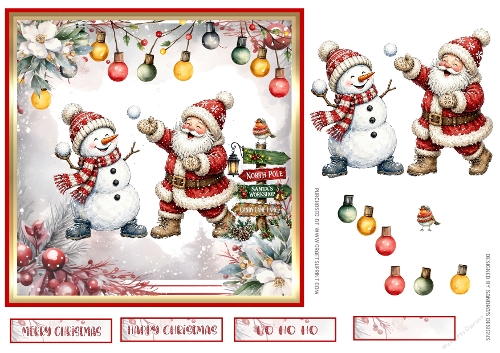 Snowballing at Christmas 7x7ins Topper with decoupage & tags