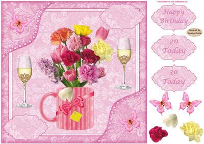 8x8ins Pink Flowers 20-30 Birthday Decoupage Card Front