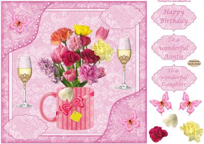 8x8ins Pink Flowers Daughter Birthday Decoupage Card Front