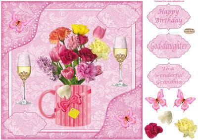 8x8ins Pink Flowers Grandma Birthday Decoupage Card Front