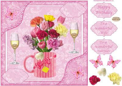 8x8ins Pink Flowers Wife Birthday Decoupage Card Front
