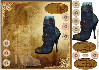 Steampunk Blue Boot 8x8ins Card Front
