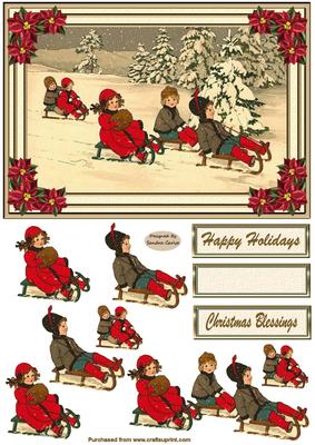 Sledging in the Snow Decoupage Card Front