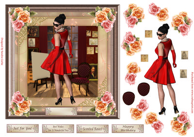 Lady in Red decoupage 7x7ins Topper