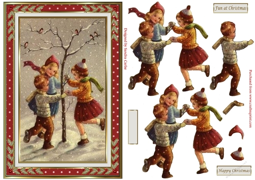 Children Playing in the Snow Christmas Decoupage Topper