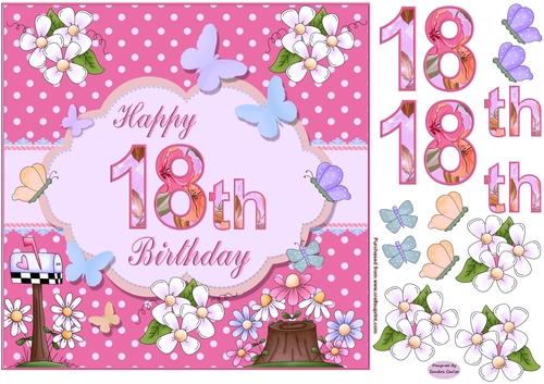 Happy 18th Birthday Butterfly Pink Background 8x8ins Topper