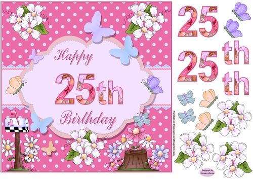 Happy 25th Birthday Butterfly Pink Background 8x8ins Topper