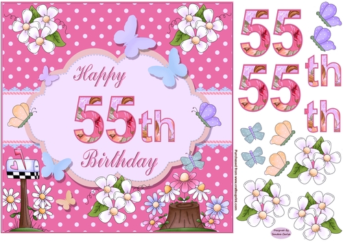 Happy 55th Birthday Butterfly Pink Background 8x8ins Topper