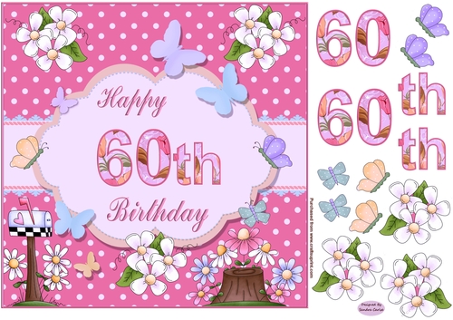 Happy 60th Birthday Butterfly Pink Background 8x8ins Topper