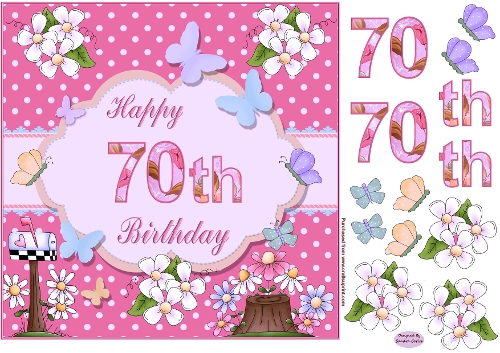 Happy 70th Birthday Butterfly Pink Background 8x8ins Topper