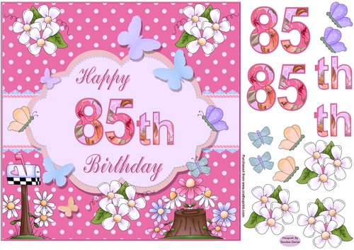 Happy 85th Birthday Butterfly Pink Background 8x8ins Topper