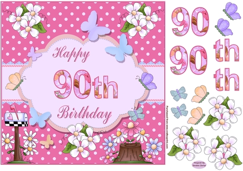 Happy 90th Birthday Butterfly Pink Background 8x8ins Topper