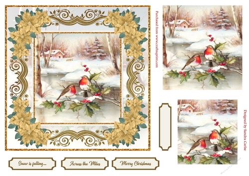 Christmas Robins Snow Scene Gold Poinsettia Topper