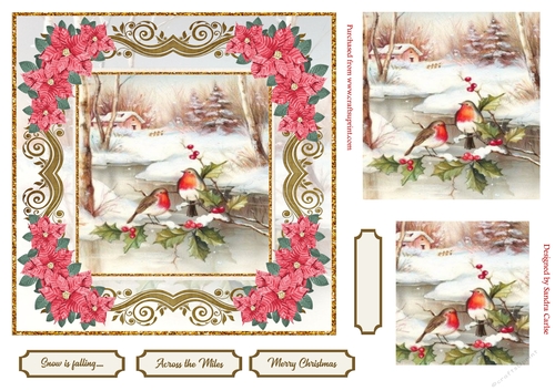 Christmas Robins Snow Scene Red Poinsettia Topper