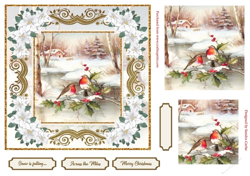 Christmas Robins Snow Scene White Poinsettia Topper