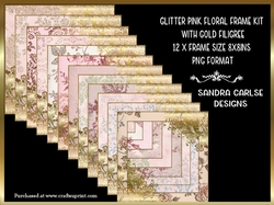 Glitter Pink 12 x Frames with Gold Filigree Kit