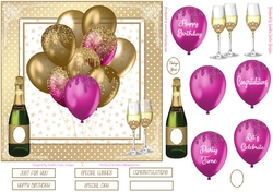 Birthday Gold & Pink Balloons 7x7ins Decoupage Topper 