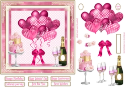 Pink Balloons, Champagne & Cake 7x7ins Decoupage diamond frame Topper 1