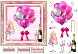 Pink Balloons, Champagne & Cake 7x7ins Decoupage diamond frame Topper 6