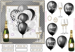 Birthday Black & White Balloons 7x7ins Decoupage Topper 