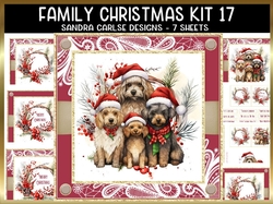 Vintage Christmas Dogs Family 7x7ins card kit 17 with lace edging