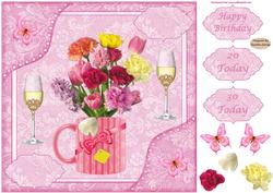 8x8ins Pink Flowers 20-30 Birthday Decoupage Card Front
